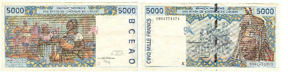 West African States 5000 Francs 1999 gVF